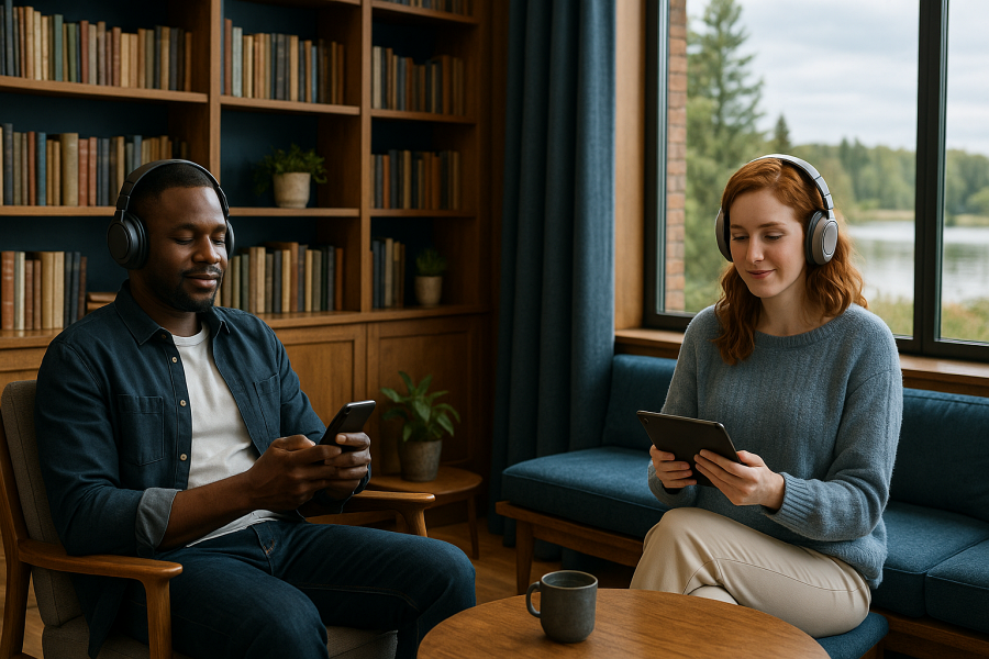 Un homme et une femme, tous deux adultes, sont assis face à face dans un salon lumineux et cosy, absorbés chacun dans leur moment d’écoute. Ils portent de grands casques audio sans fil et affichent une expression calme et détendue. L’homme, à la peau noire, est habillé d’un jean foncé, d’un t-shirt blanc et d’une chemise en denim bleu, et tient un smartphone dans les mains, les yeux légèrement baissés vers l’écran. La femme, à la peau claire et aux cheveux roux ondulés, porte un pull en laine bleu-gris et un pantalon beige clair. Elle tient une tablette avec attention, le regard fixé dessus, le visage serein. La pièce dans laquelle ils se trouvent est chaleureusement aménagée avec des étagères remplies de livres en arrière-plan, de petits objets de décoration discrets et quelques plantes vertes. Une grande baie vitrée laisse entrer la lumière du jour et donne sur un paysage boisé avec un lac paisible en contrebas, accentuant l’ambiance intime et naturelle. Entre les deux personnages, une table basse ronde en bois supporte deux tasses, suggérant un moment de pause ou de partage autour d’une boisson chaude. L’ensemble évoque une scène de complicité tranquille, où chacun vit une expérience d’écoute individuelle mais dans un espace commun. L’image transmet une impression de confort, de concentration douce, et de plaisir partagé dans un environnement propice à la détente et à la découverte, que ce soit à travers la musique, les livres audio ou un podcast.