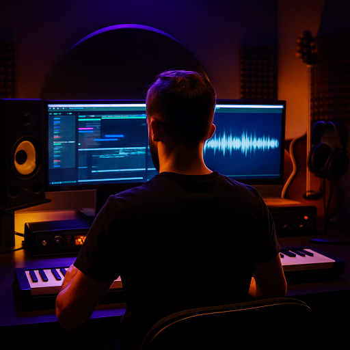 Un homme vu de dos est assis devant un grand bureau dans un studio audio professionnel. Il travaille sur deux écrans d’ordinateur : l’un affiche une timeline de montage sonore, l’autre une forme d’onde audio dynamique. Devant lui, un petit clavier MIDI est posé sur le bureau, à côté d’un rack audio et d’une enceinte de monitoring. L’ambiance lumineuse est tamisée et chaleureuse, dominée par des teintes violettes, orangées et dorées, créant une atmosphère à la fois technologique et intimiste. À l’arrière-plan, une guitare électrique est appuyée contre le mur, près d’un casque suspendu et de panneaux acoustiques absorbants. L’image évoque un moment de concentration et de création musicale, parfait pour illustrer un service de création de générique sur mesure pour podcast.
